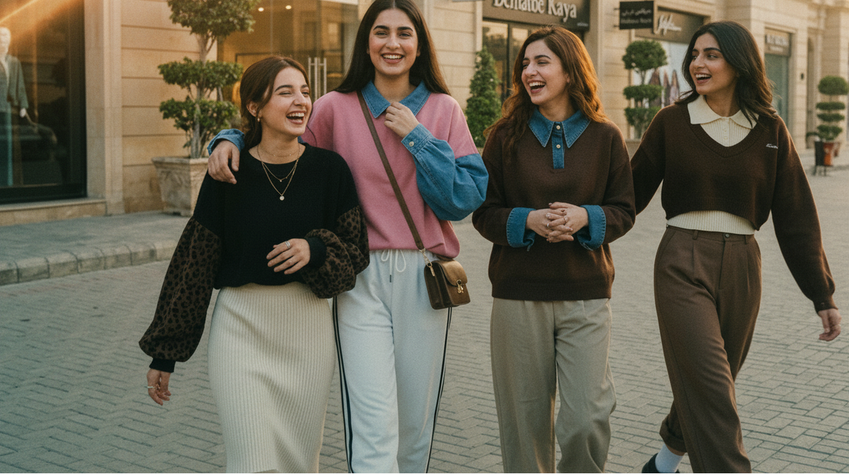 Four women walking together on a city street in front of boutique storefronts, each wearing a different coordinated sweater and pants outfit in black, pink, blue, brown, and taupe tones.